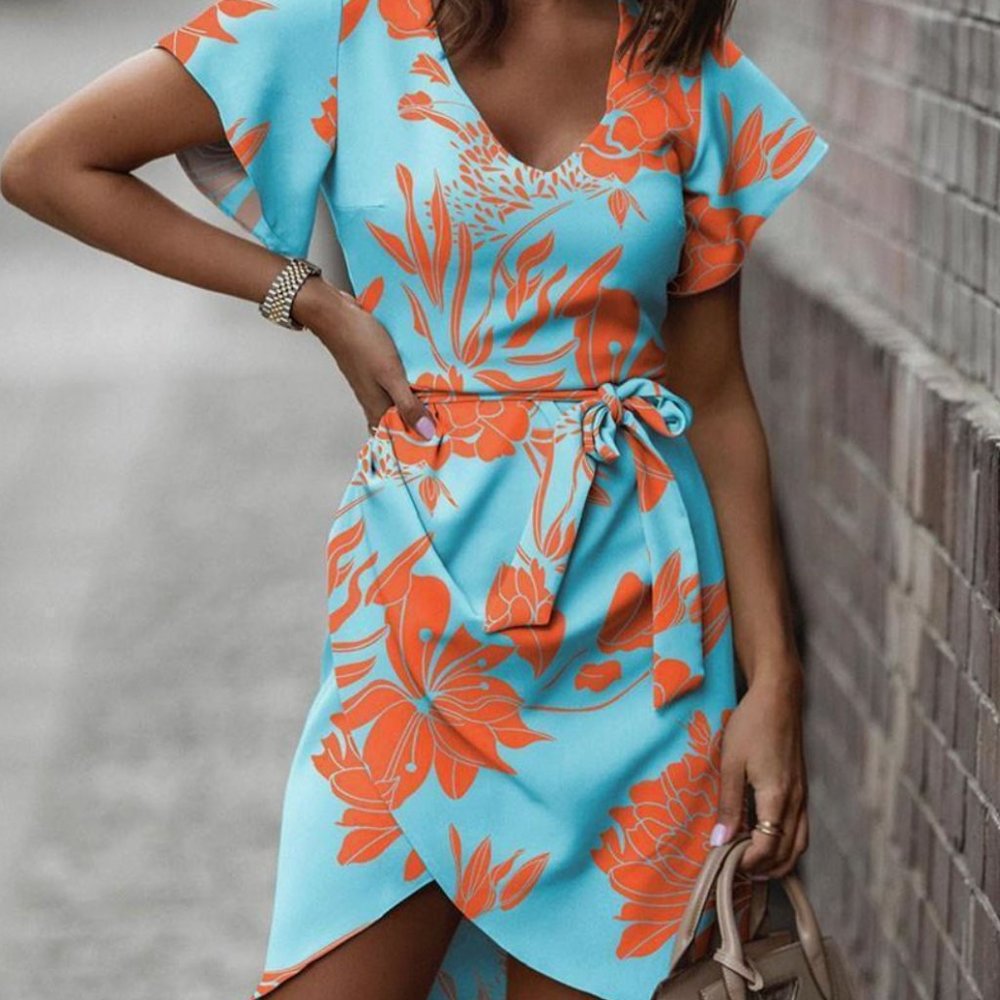 Womens V-neck Dress Temperament Waist Tie Print Short-sleeved Hem Irregular Slim